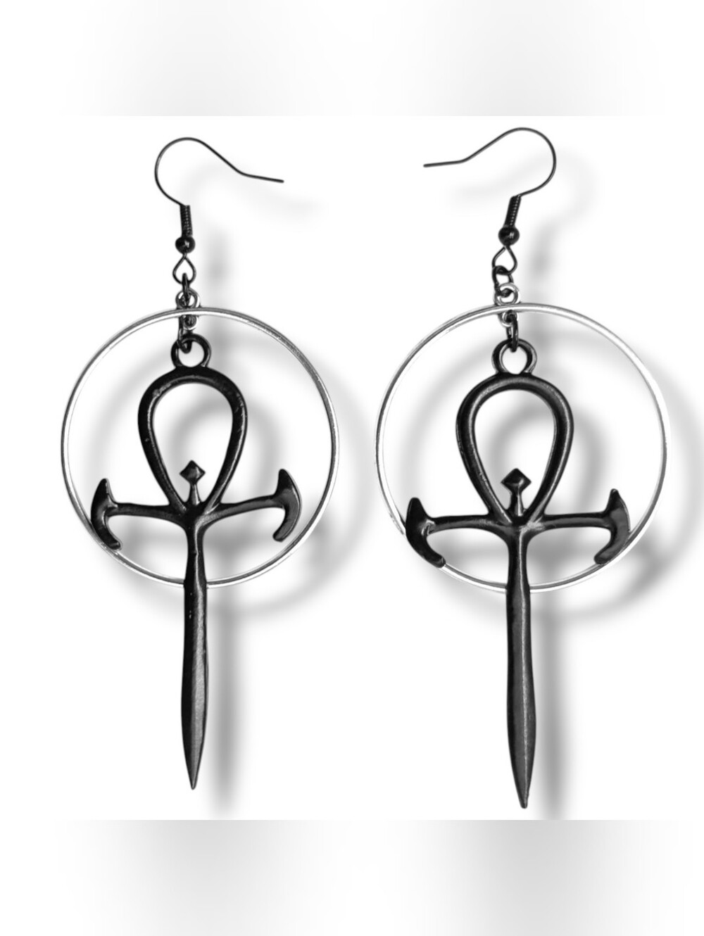 NWT Handmade Black Ankh Silver Hoop Layered Earrings